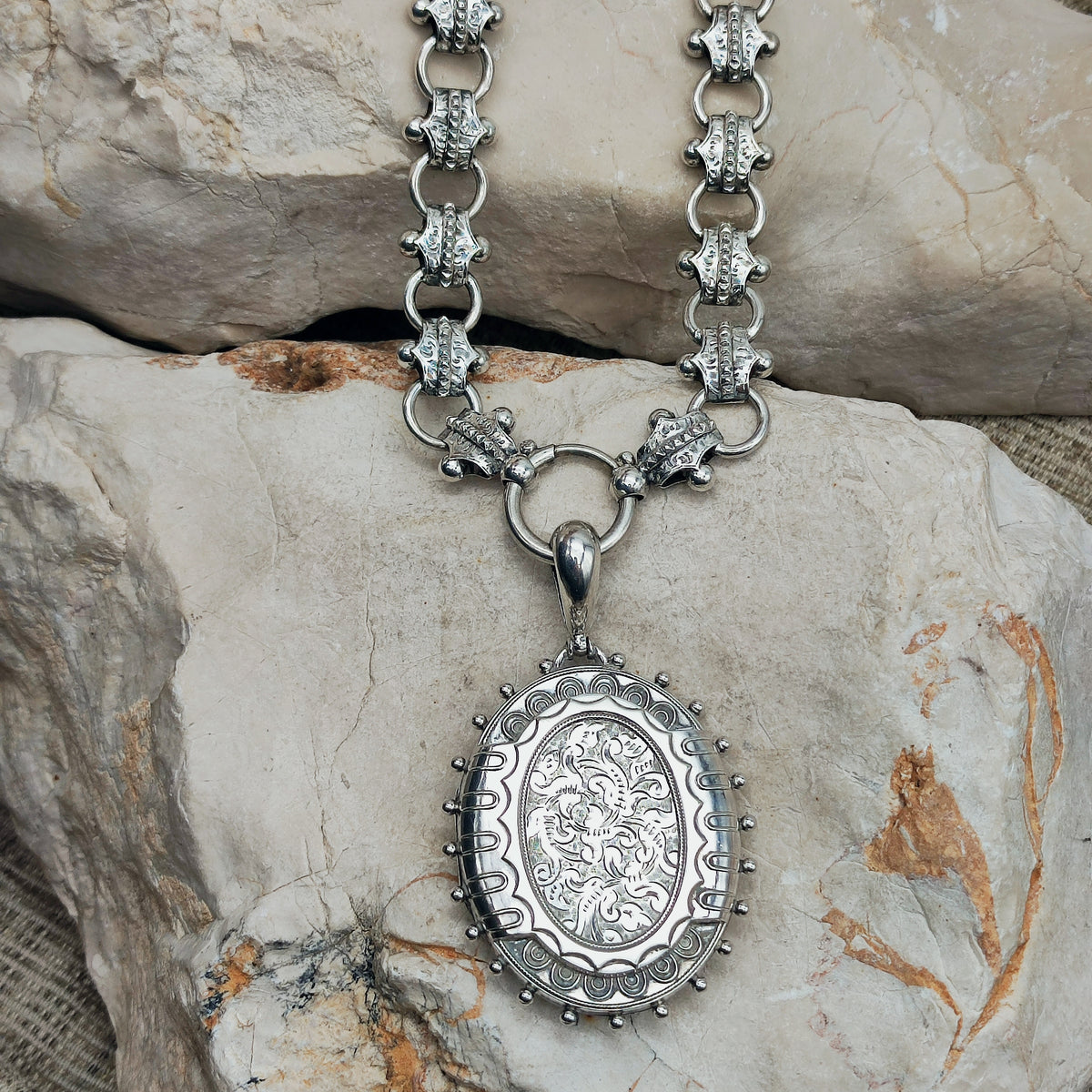 Antique Victorian Silver Book Chain and Presentation Locket, Dated 1882
