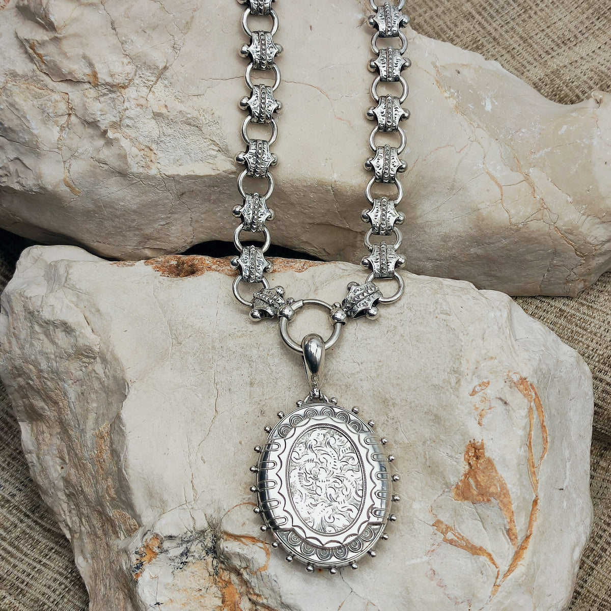 Antique Victorian Silver Book Chain and Presentation Locket, Dated 1882