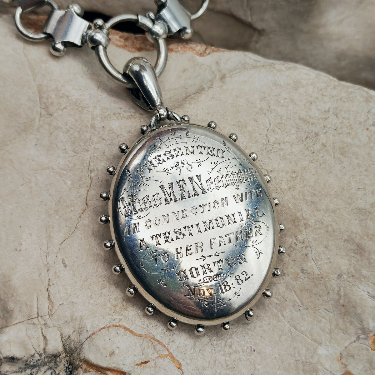 Antique Victorian Silver Book Chain and Presentation Locket, Dated 1882