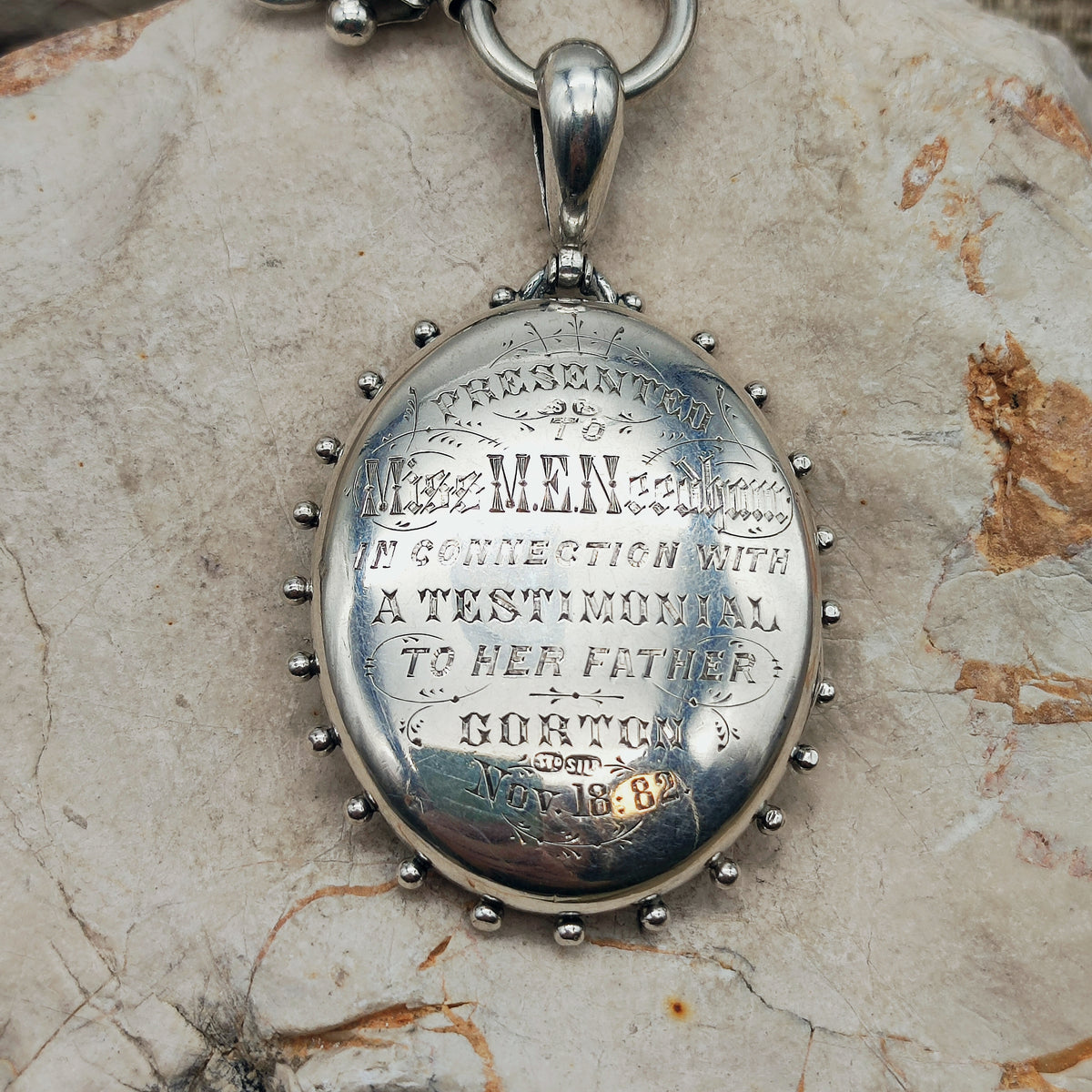 Antique Victorian Silver Book Chain and Presentation Locket, Dated 1882