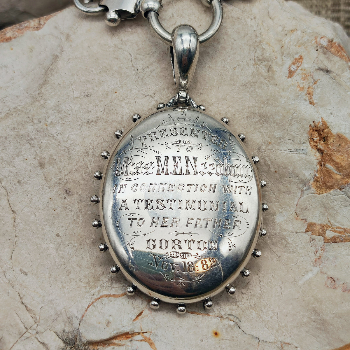 Antique Victorian Silver Book Chain and Presentation Locket, Dated 1882