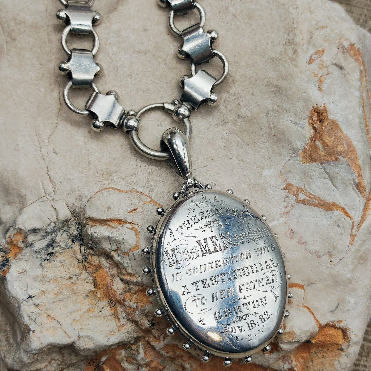 Antique Victorian Silver Book Chain and Presentation Locket, Dated 1882