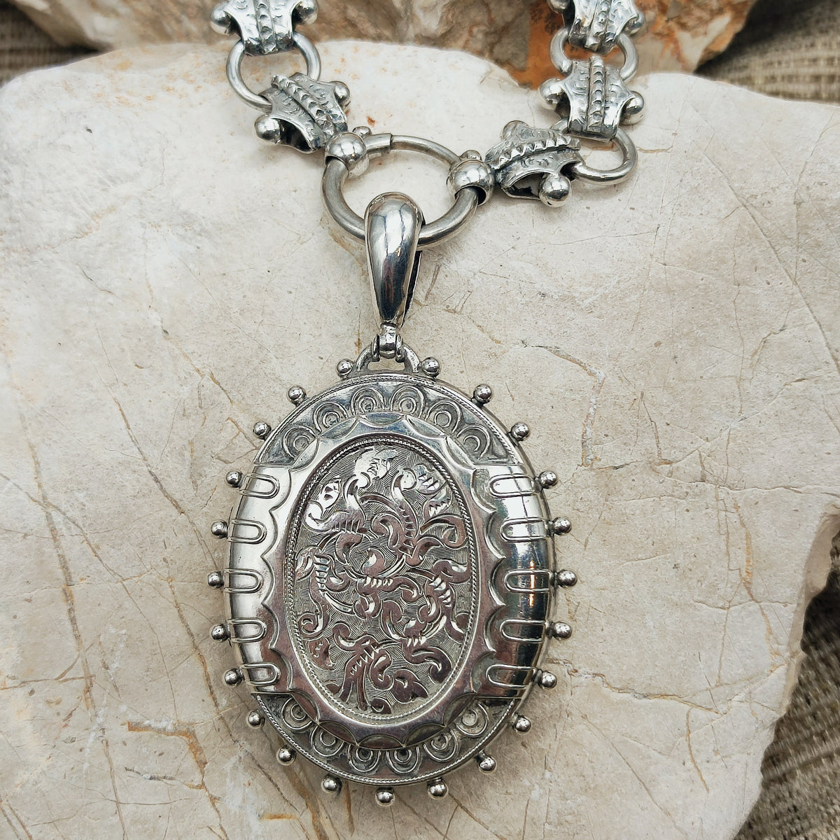 Antique Victorian Silver Book Chain and Presentation Locket, Dated 1882