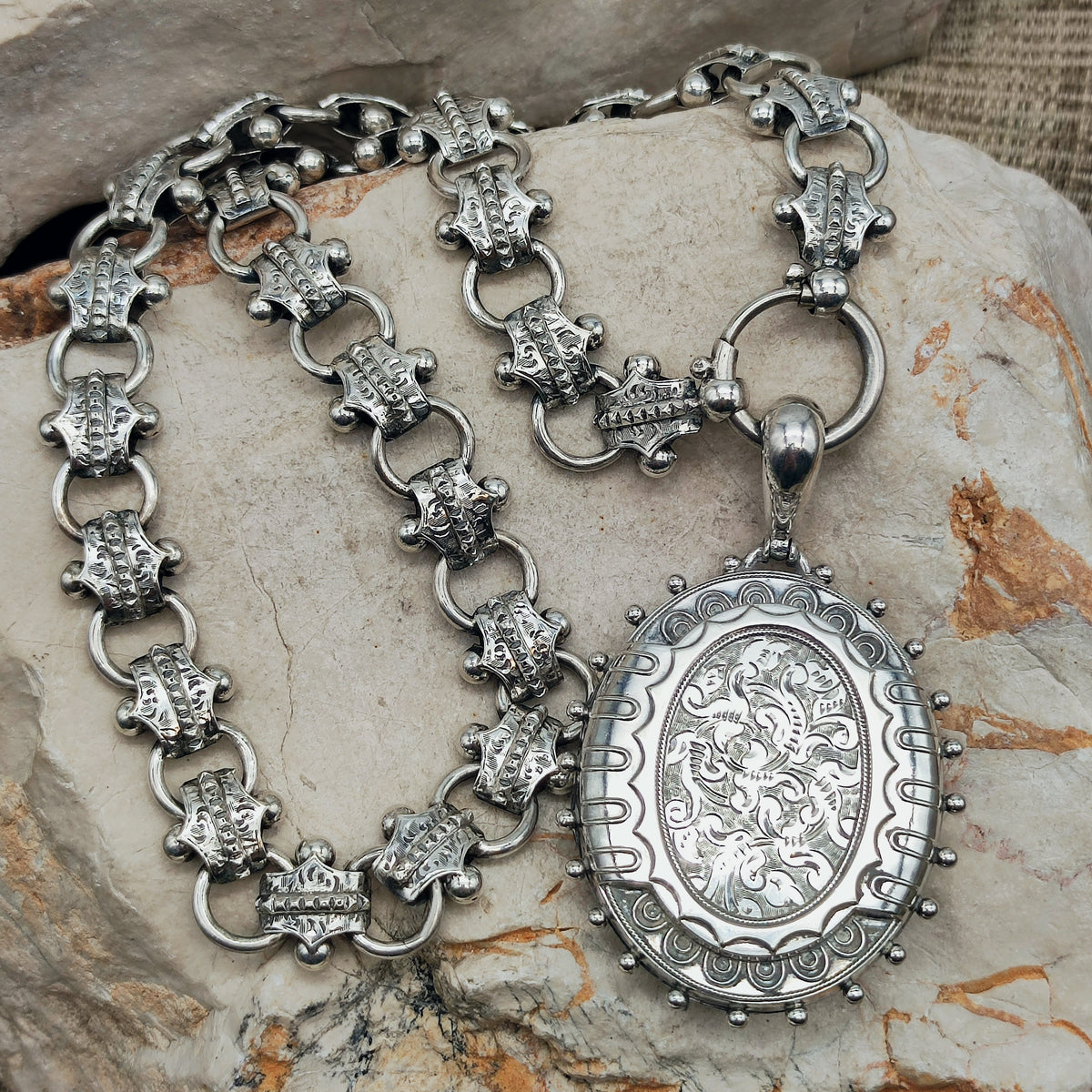 Antique Victorian Silver Book Chain and Presentation Locket, Dated 1882