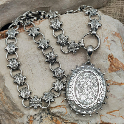 Antique Victorian Silver Book Chain and Presentation Locket, Dated 1882
