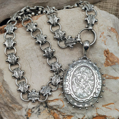 Antique Victorian Silver Book Chain and Presentation Locket, Dated 1882