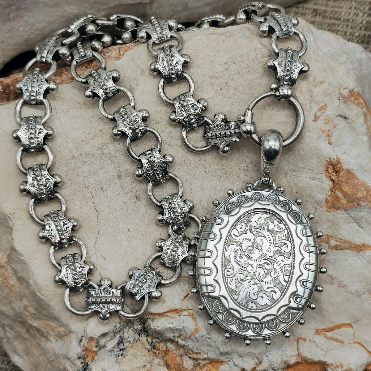Antique Victorian Silver Book Chain and Presentation Locket, Dated 1882