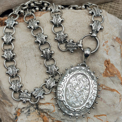 Antique Victorian Silver Book Chain and Presentation Locket, Dated 1882