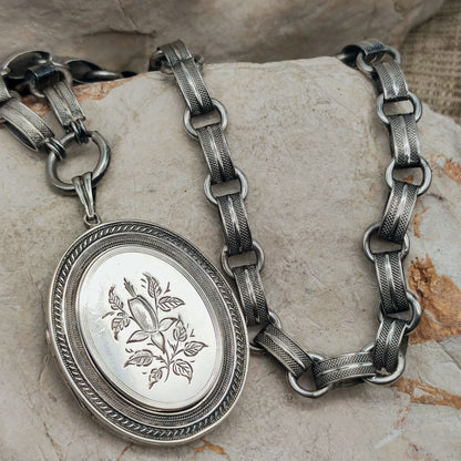 Antique Victorian Silver Book Chain Necklace with Floral Locket