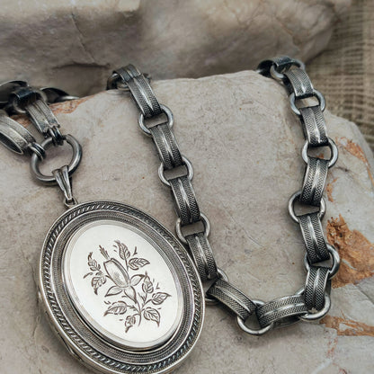 Antique Victorian Silver Book Chain Necklace with Floral Locket