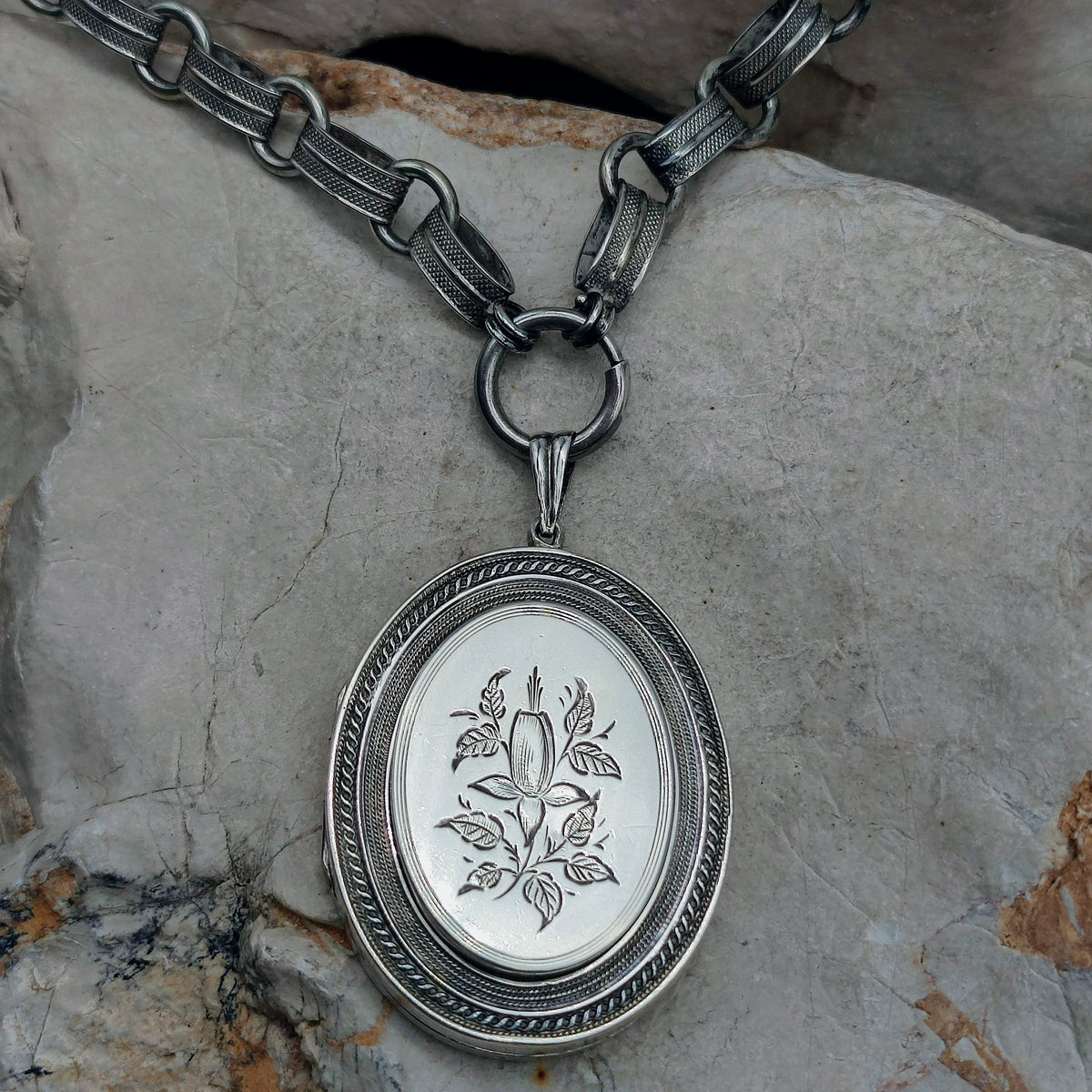 Antique Victorian Silver Book Chain Necklace with Floral Locket