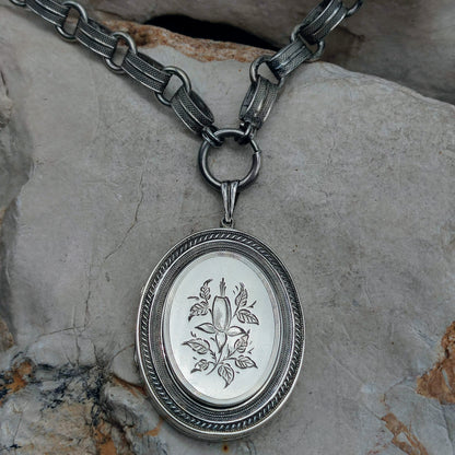 Antique Victorian Silver Book Chain Necklace with Floral Locket