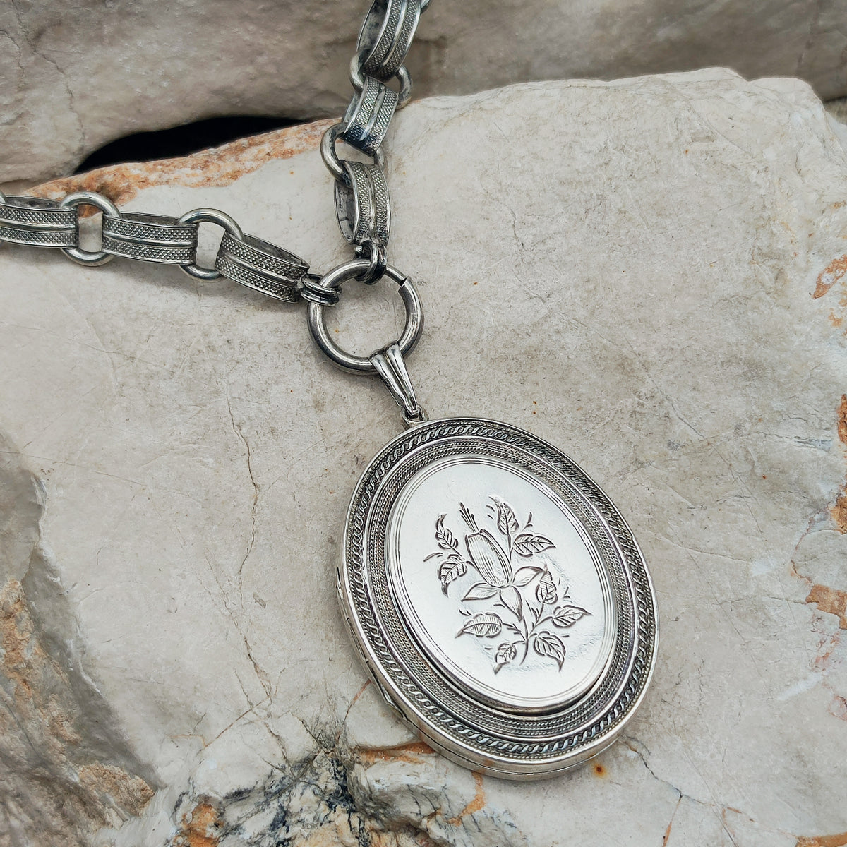 Antique Victorian Silver Book Chain Necklace with Floral Locket