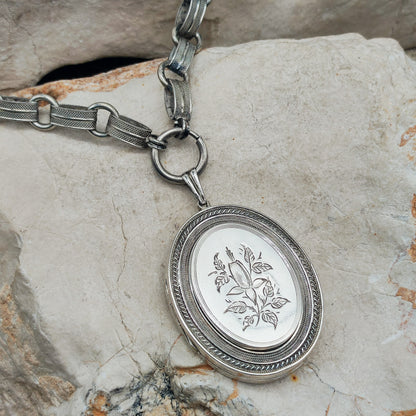 Antique Victorian Silver Book Chain Necklace with Floral Locket