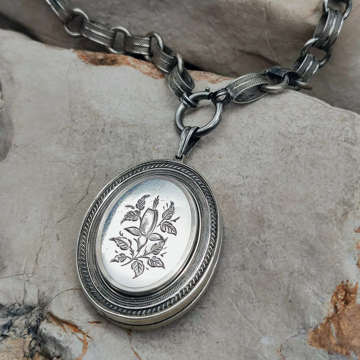 Antique Victorian Silver Book Chain Necklace with Floral Locket