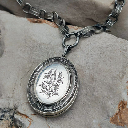 Antique Victorian Silver Book Chain Necklace with Floral Locket