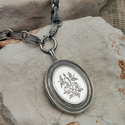 Antique Victorian Silver Book Chain Necklace with Floral Locket