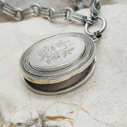 Antique Victorian Silver Book Chain Necklace with Floral Locket