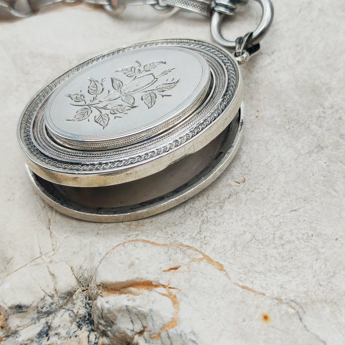 Antique Victorian Silver Book Chain Necklace with Floral Locket
