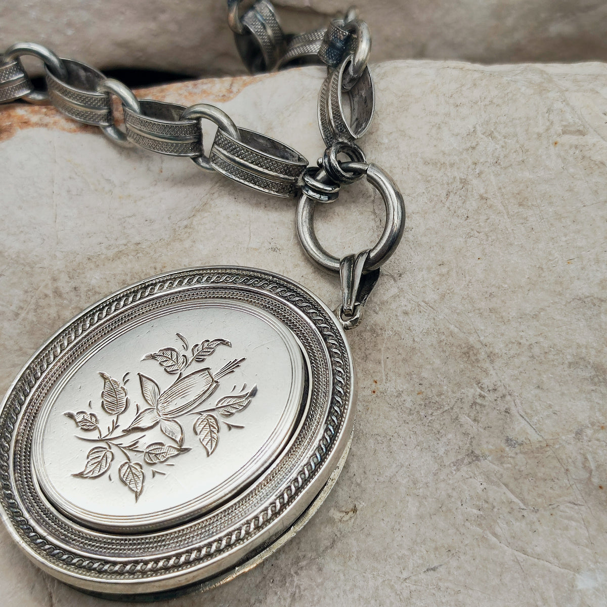 Antique Victorian Silver Book Chain Necklace with Floral Locket