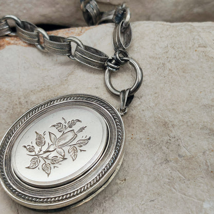 Antique Victorian Silver Book Chain Necklace with Floral Locket