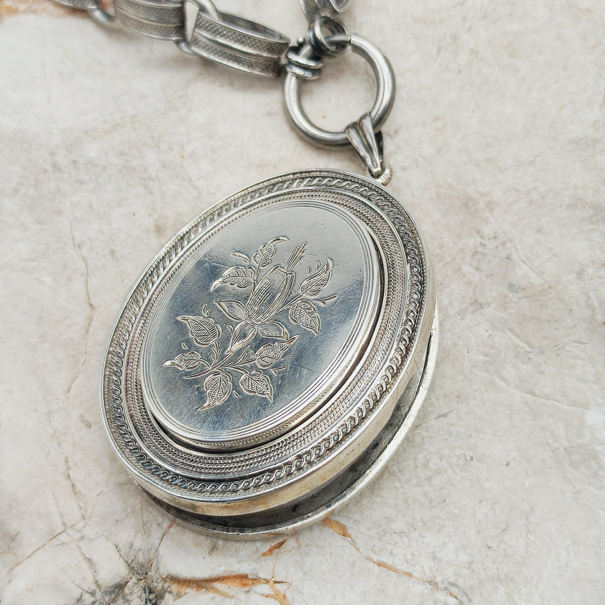 Antique Victorian Silver Book Chain Necklace with Floral Locket