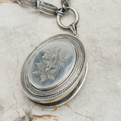 Antique Victorian Silver Book Chain Necklace with Floral Locket