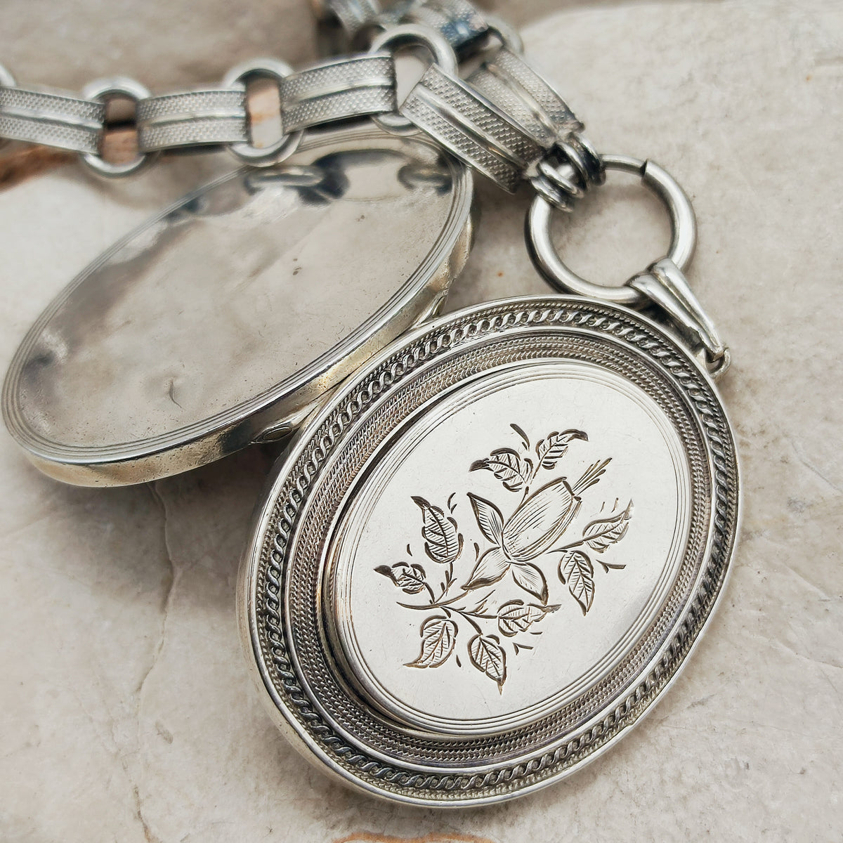 Antique Victorian Silver Book Chain Necklace with Floral Locket