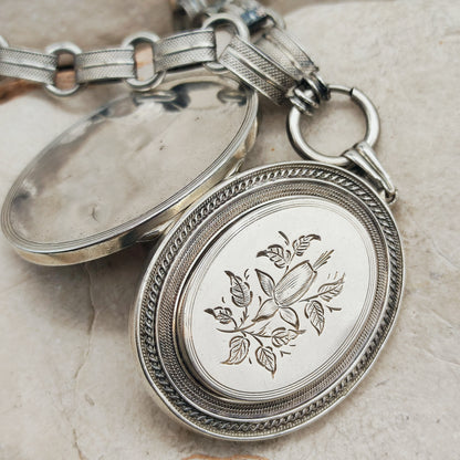 Antique Victorian Silver Book Chain Necklace with Floral Locket