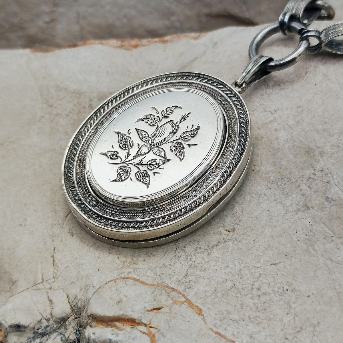 Antique Victorian Silver Book Chain Necklace with Floral Locket