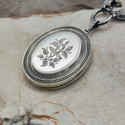 Antique Victorian Silver Book Chain Necklace with Floral Locket