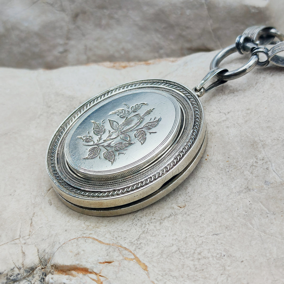 Antique Victorian Silver Book Chain Necklace with Floral Locket