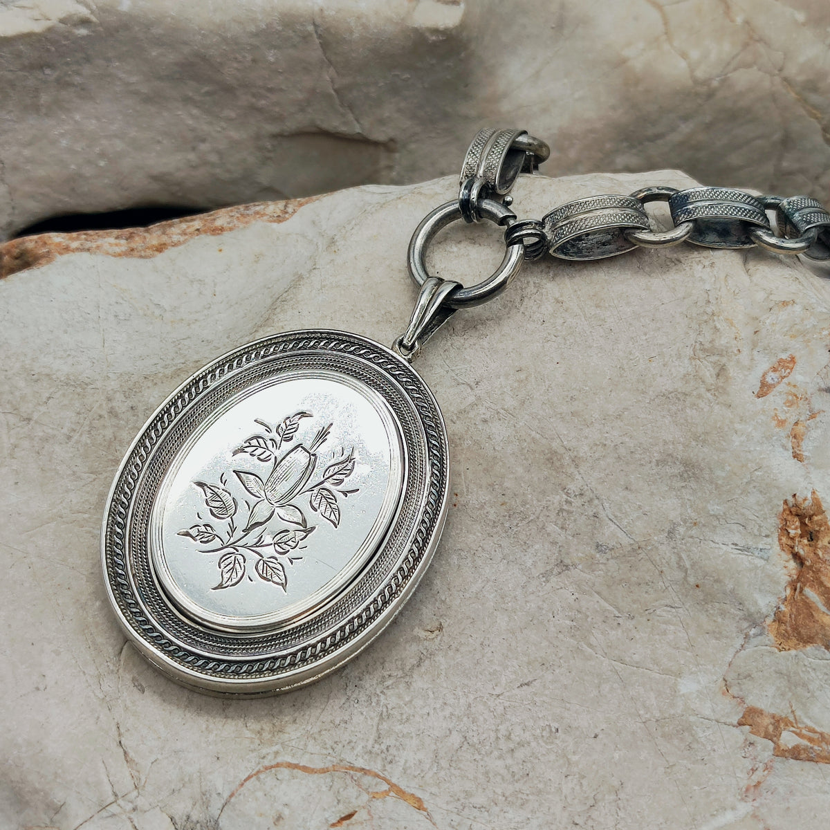 Antique Victorian Silver Book Chain Necklace with Floral Locket