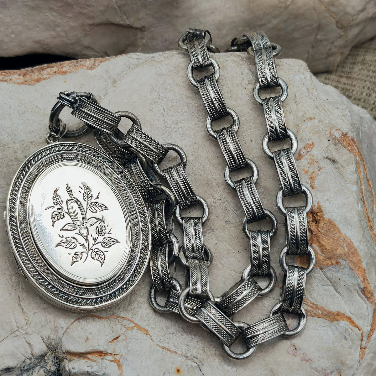 Antique Victorian Silver Book Chain Necklace with Floral Locket