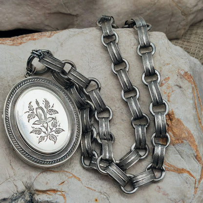 Antique Victorian Silver Book Chain Necklace with Floral Locket
