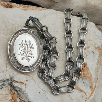 Antique Victorian Silver Book Chain Necklace with Floral Locket