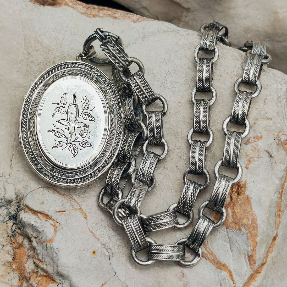 Antique Victorian Silver Book Chain Necklace with Floral Locket