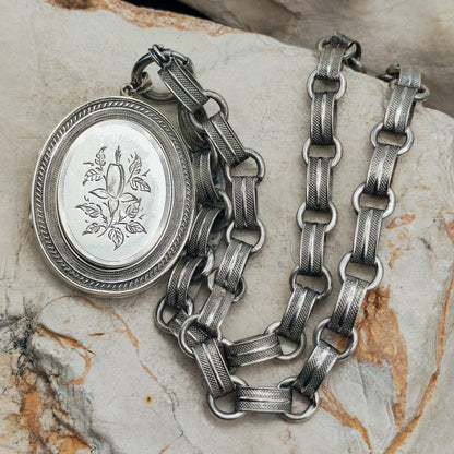 Antique Victorian Silver Book Chain Necklace with Floral Locket