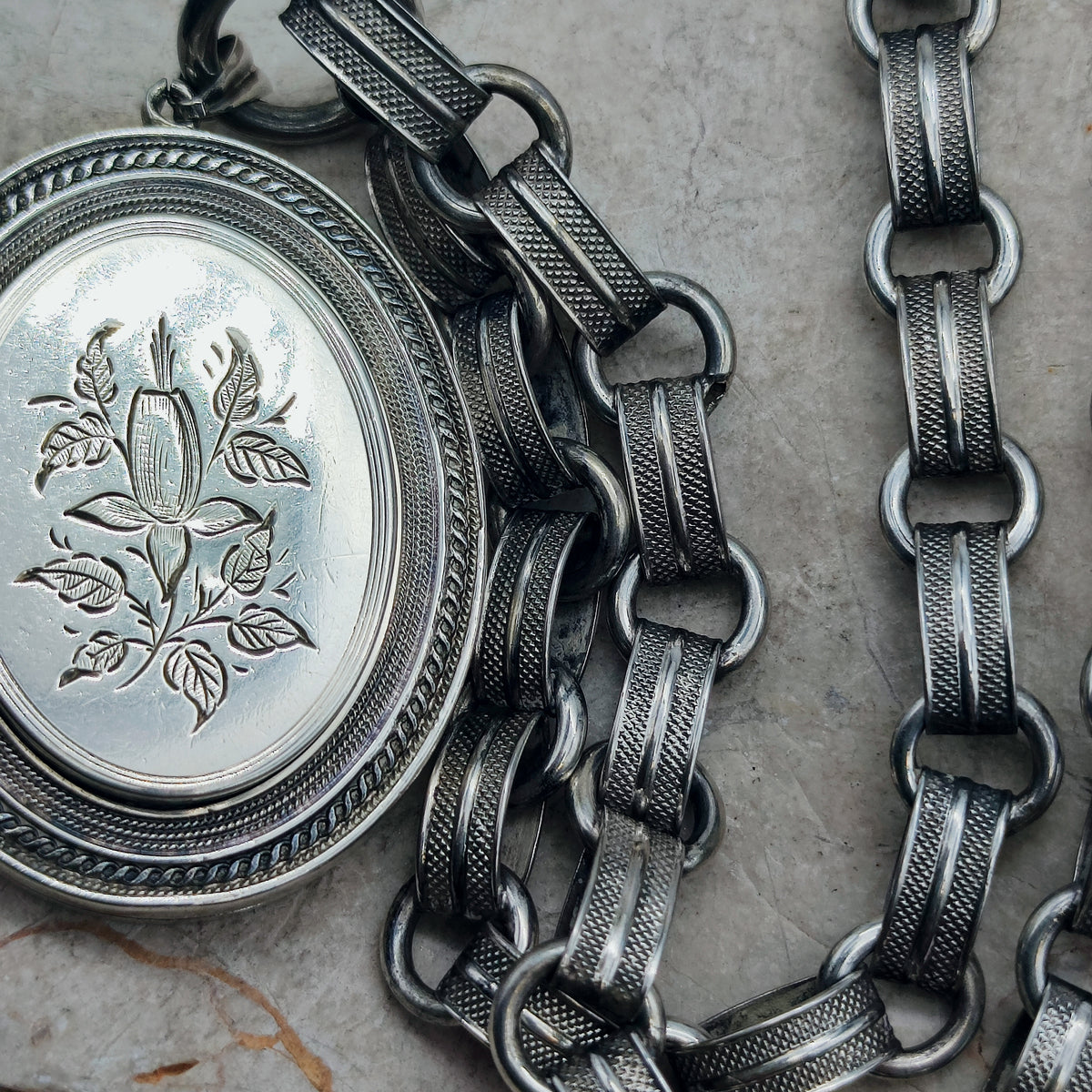 Antique Victorian Silver Book Chain Necklace with Floral Locket