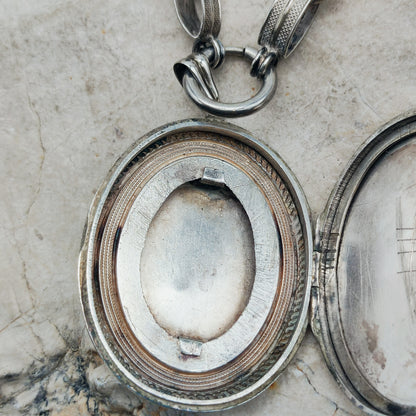 Antique Victorian Silver Book Chain Necklace with Floral Locket