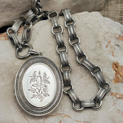 Antique Victorian Silver Book Chain Necklace with Floral Locket