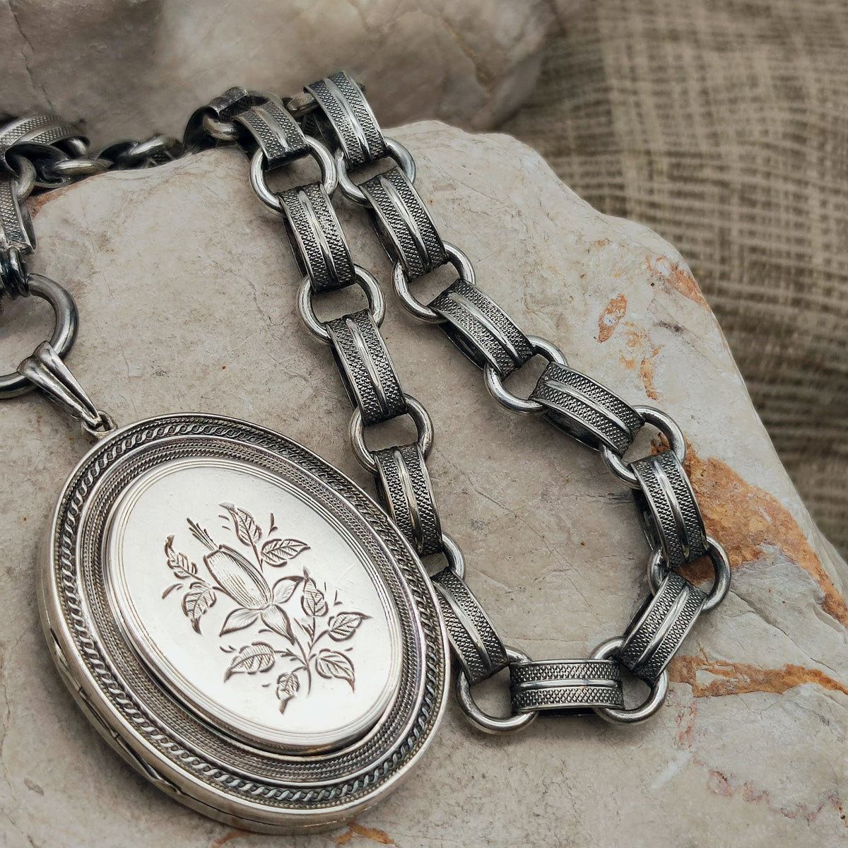 Antique Victorian Silver Book Chain Necklace with Floral Locket