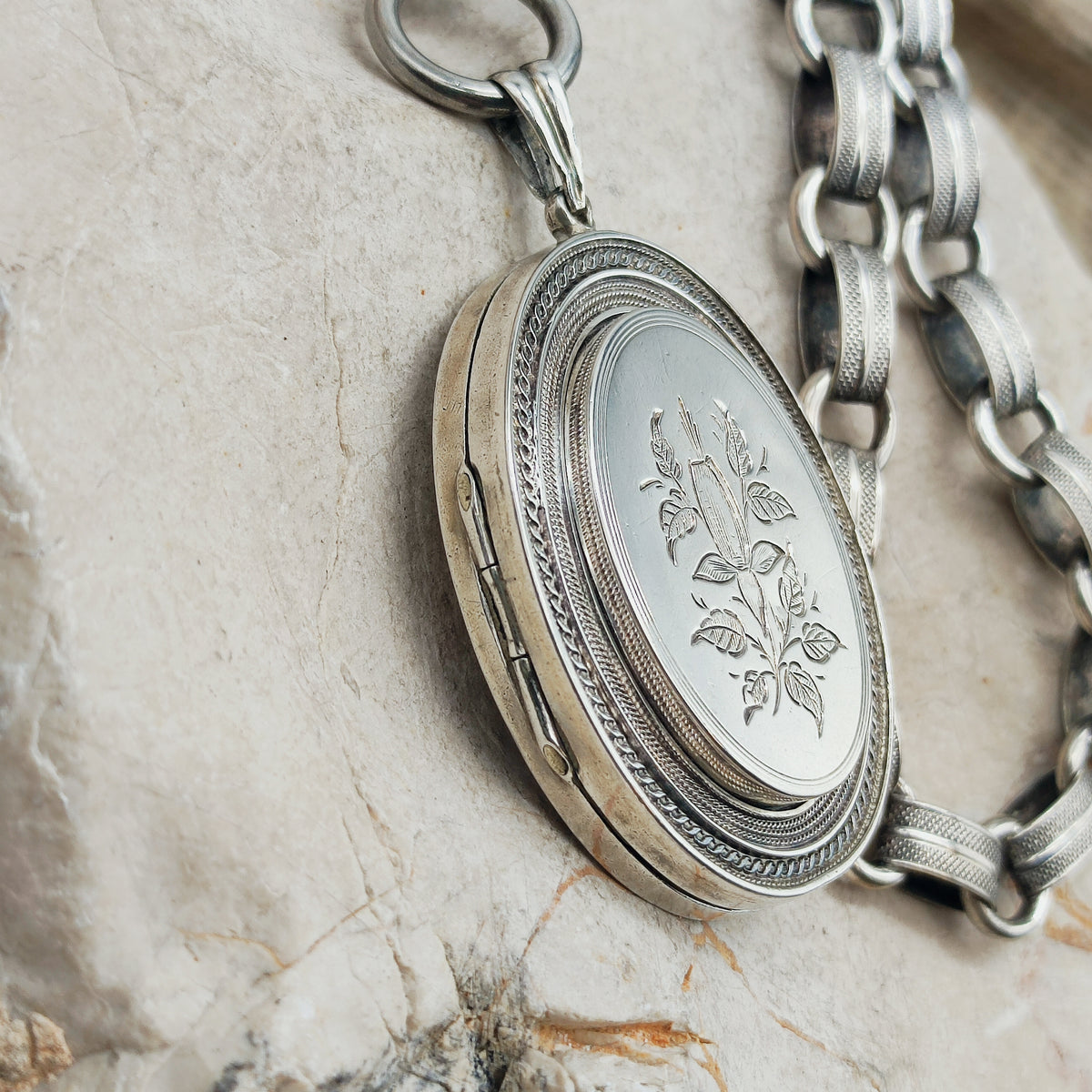 Antique Victorian Silver Book Chain Necklace with Floral Locket