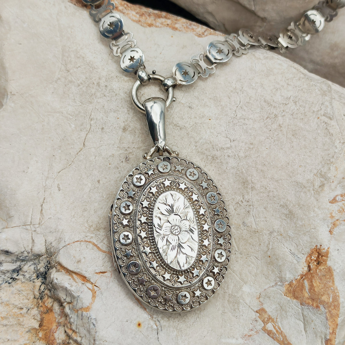 Antique Victorian Sterling Silver Book Chain and Locket by Robert James Dick, 1884