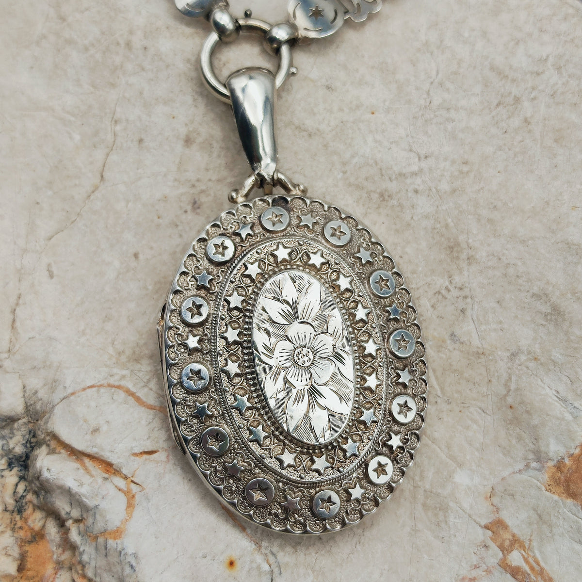Antique Victorian Sterling Silver Book Chain and Locket by Robert James Dick, 1884