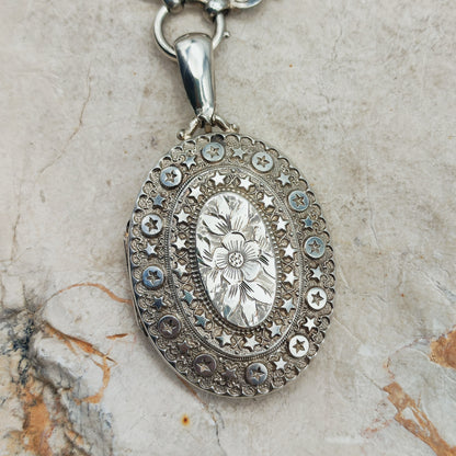 Antique Victorian Sterling Silver Book Chain and Locket by Robert James Dick, 1884