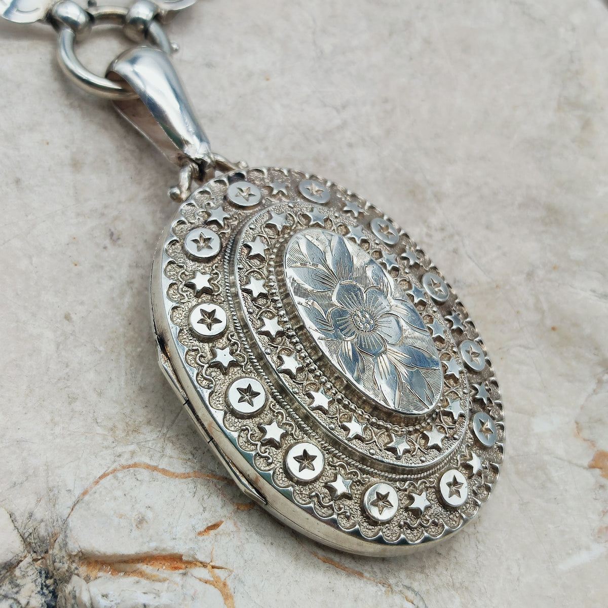 Antique Victorian Sterling Silver Book Chain and Locket by Robert James Dick, 1884