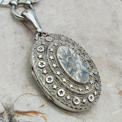 Antique Victorian Sterling Silver Book Chain and Locket by Robert James Dick, 1884