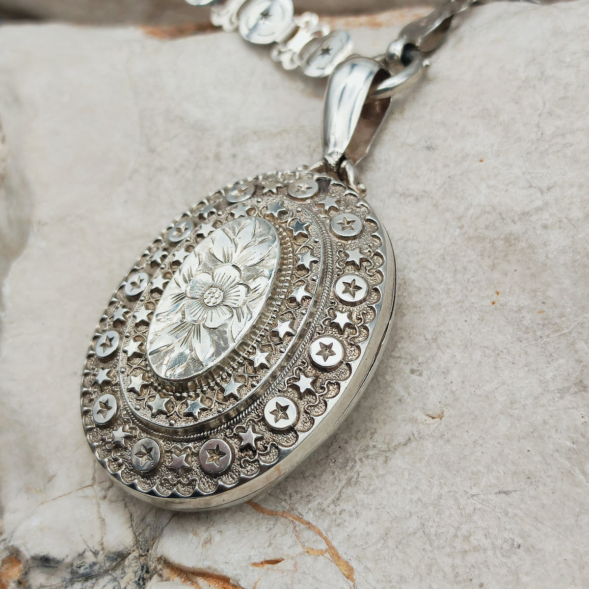 Antique Victorian Sterling Silver Book Chain and Locket by Robert James Dick, 1884