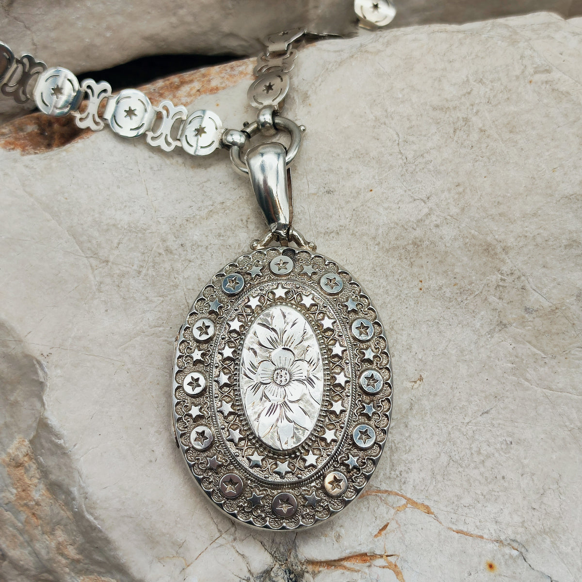 Antique Victorian Sterling Silver Book Chain and Locket by Robert James Dick, 1884